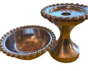 Vntg Beaded Edge Pedestal Candle Holder HeavyCast Aluminum & Bowl Meas In Pics
